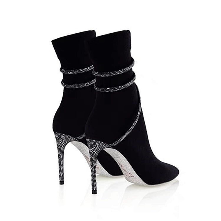 Black ankle boots with rhinestone wrap straps and stiletto heels