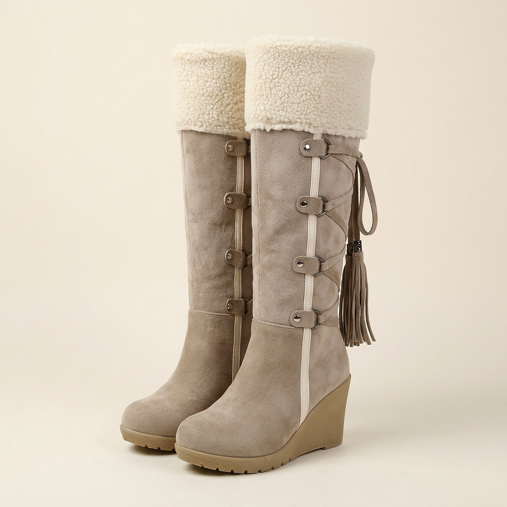 Beige mid-calf wedge boots with faux-fur cuffs and buckle strap detail