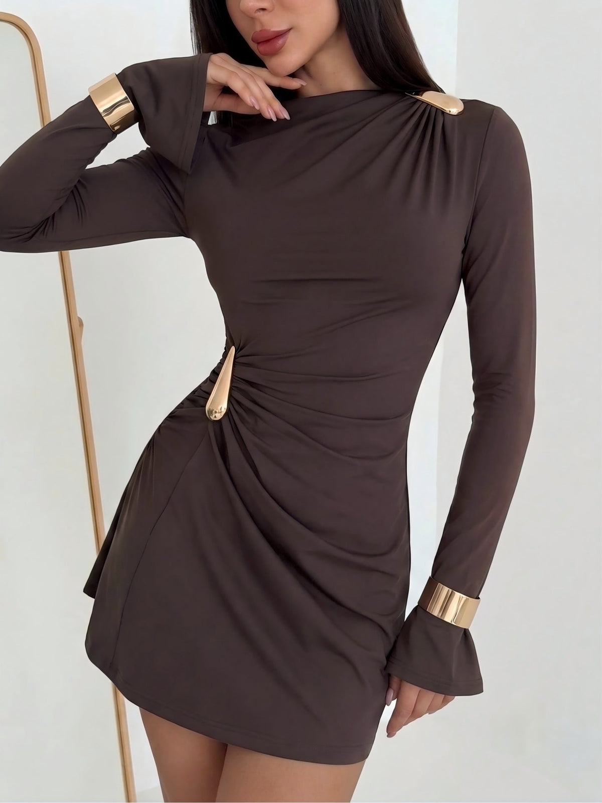 Brown ruched mini dress with boat neckline and bell sleeves, side drape detail