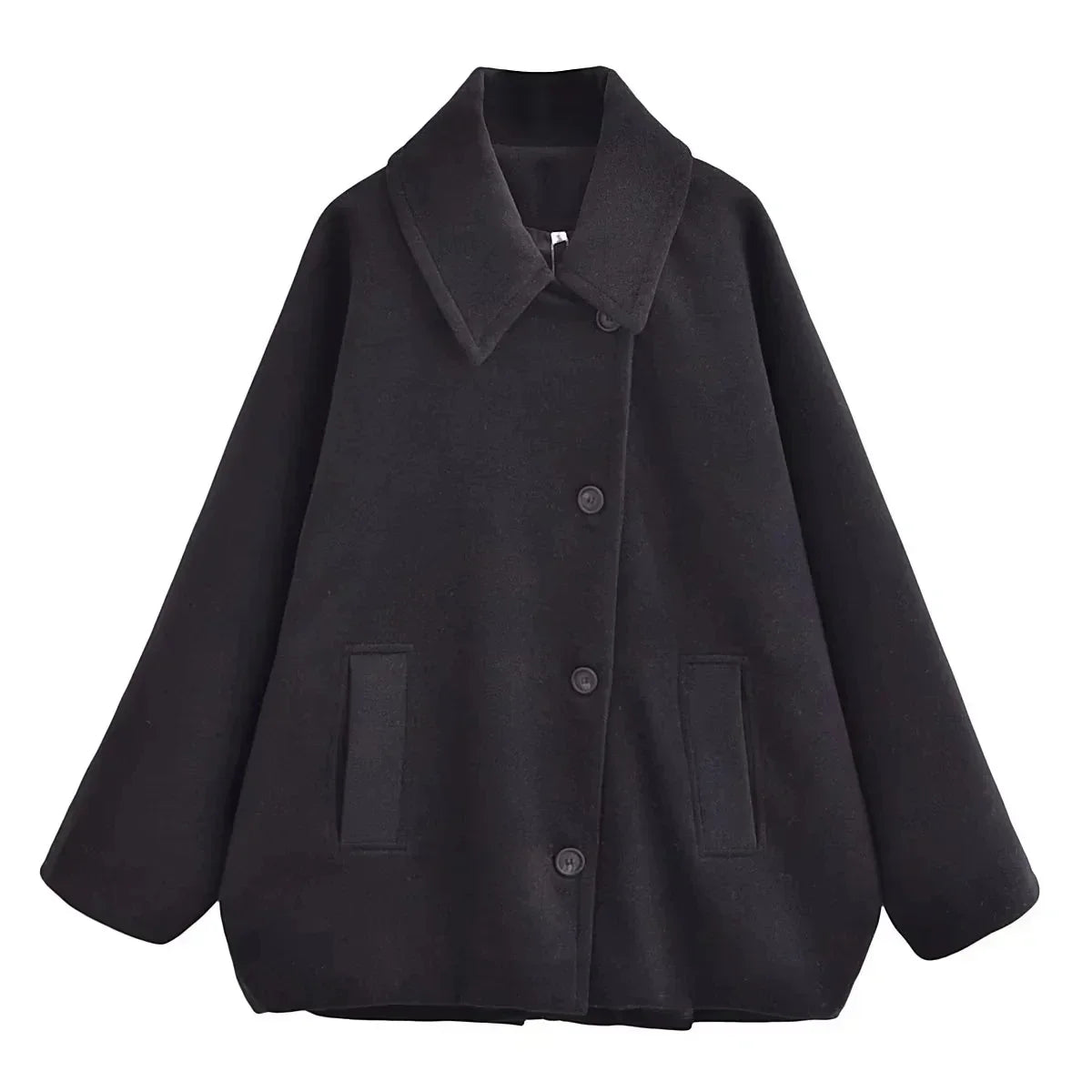 Oversized wool-blend jacket in black with notch lapels, front buttons, flap pockets