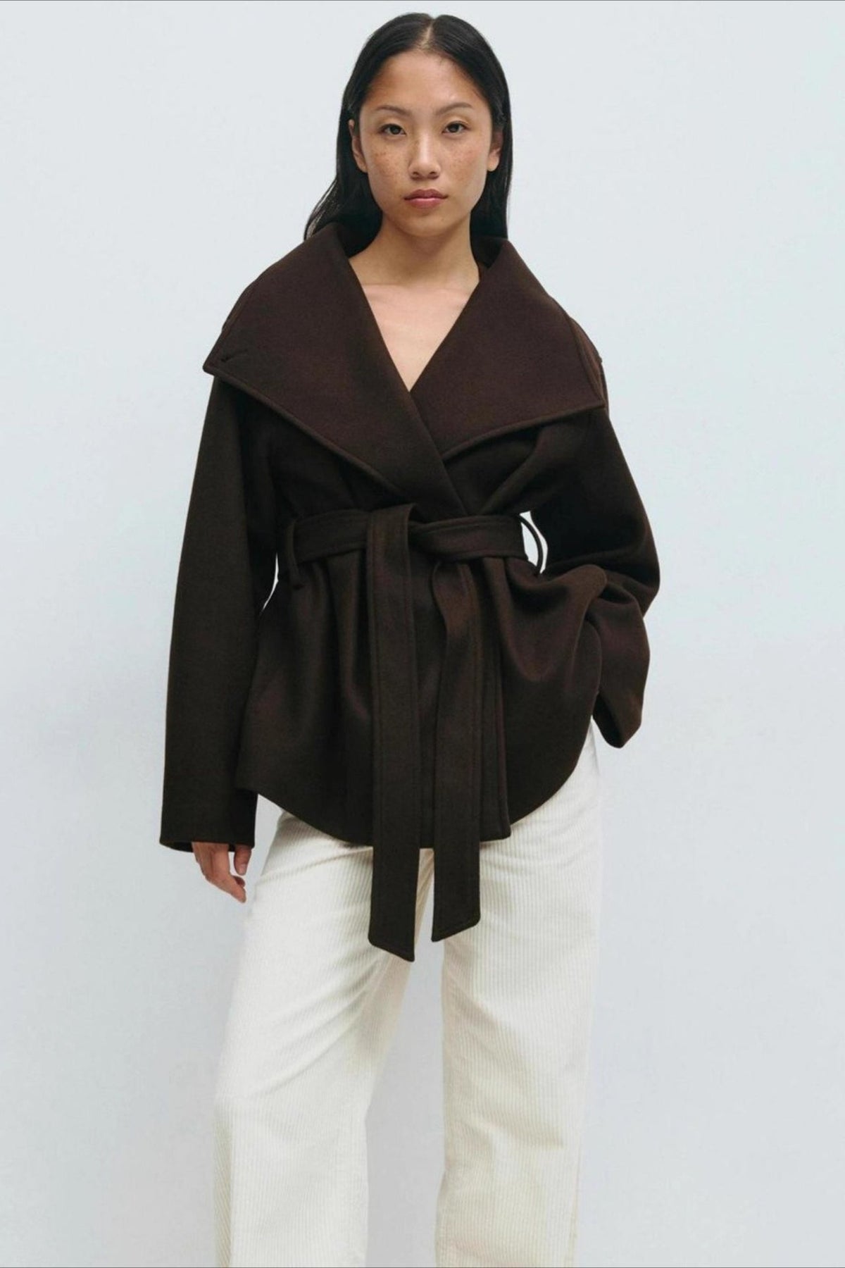Brown belted wrap jacket coat with high neck and long sleeves