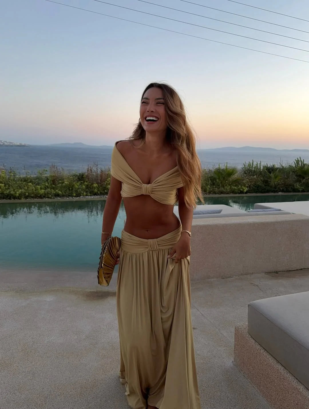Sand off-shoulder ruched maxi set with knotted crop top and gathered skirt