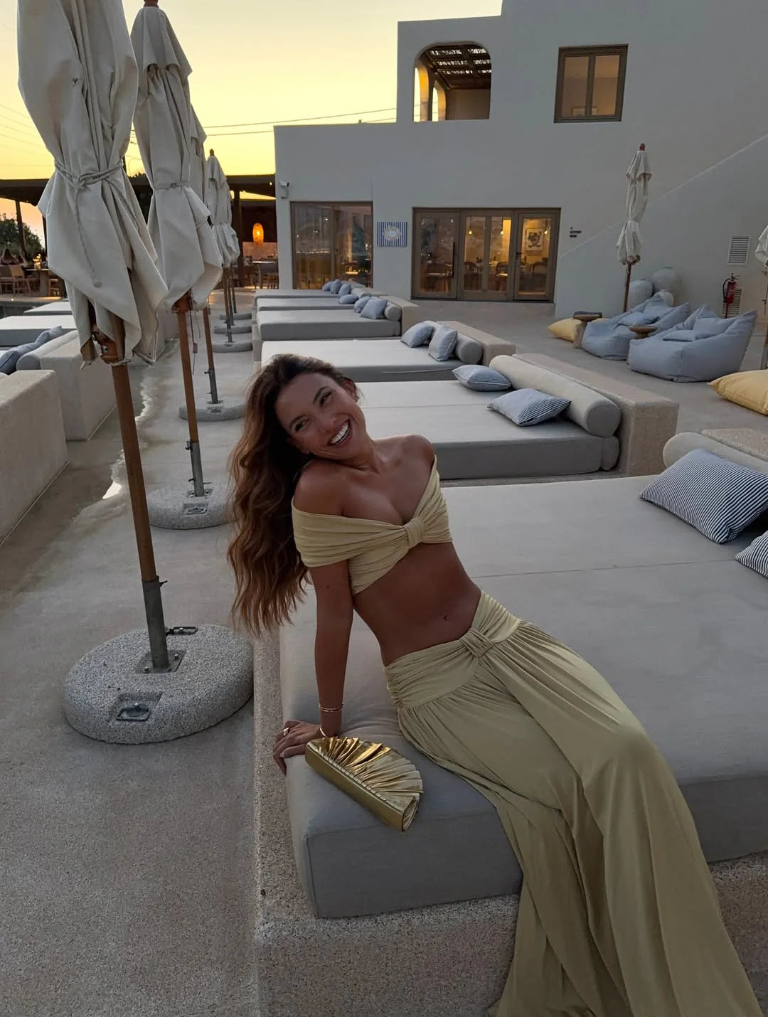 Sand off-shoulder ruched maxi set: knotted crop top and draped gathered skirt