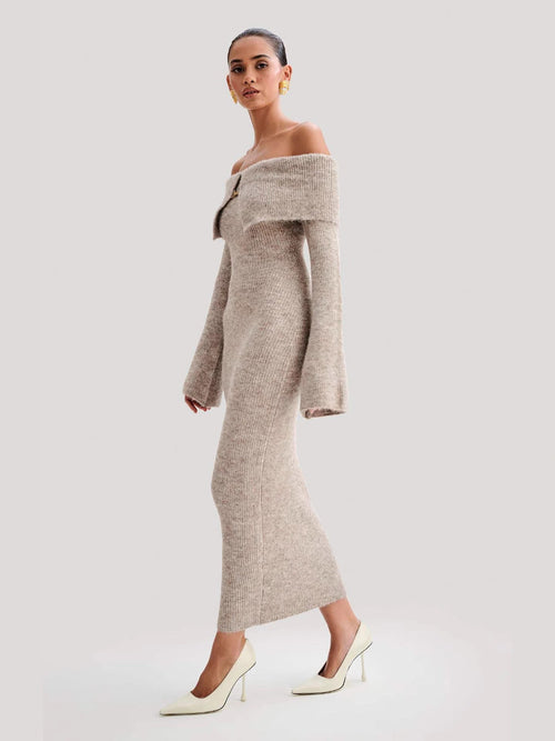 Beige off-shoulder ribbed-knit maxi dress, fitted silhouette, long sleeves
