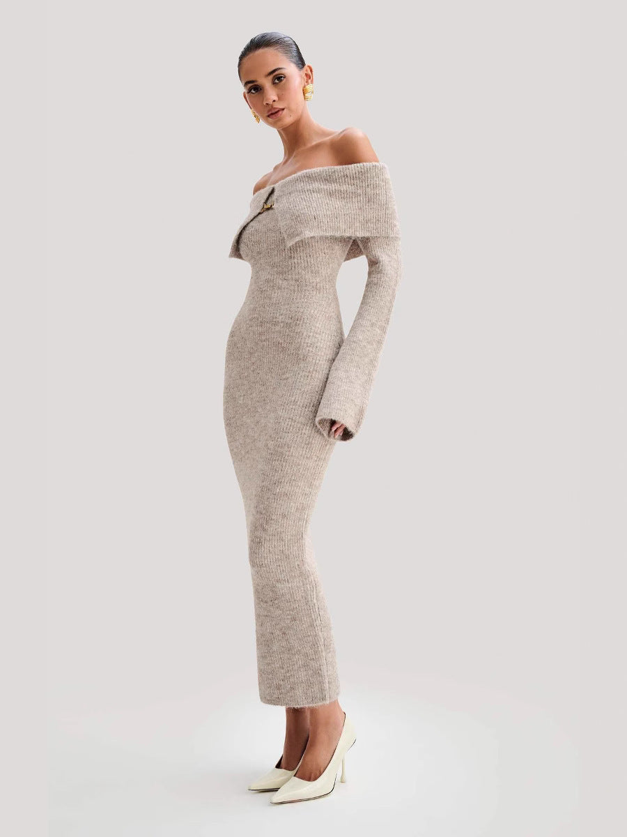 Beige ribbed-knit off-shoulder maxi dress, side view, fitted long sleeves