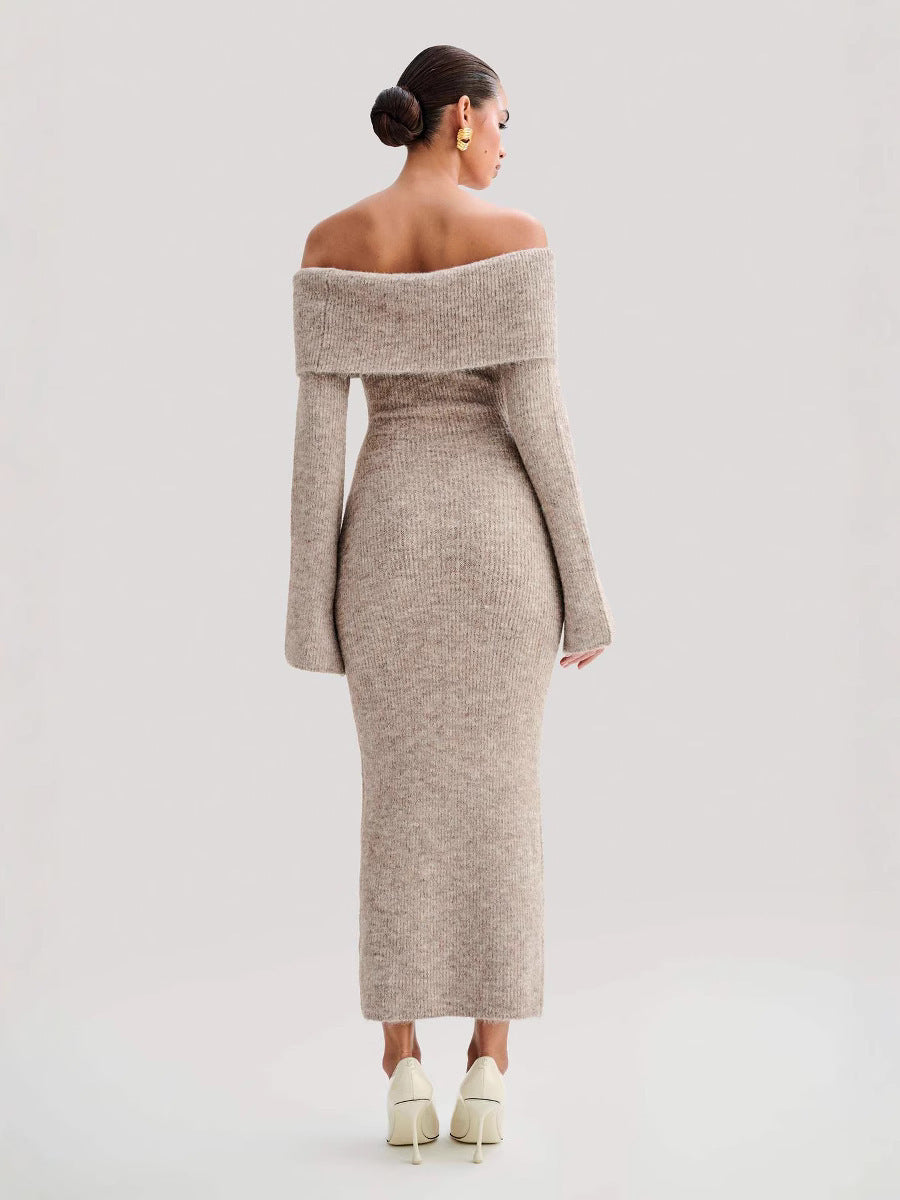 Beige off-shoulder ribbed-knit maxi dress, back view, fitted long sleeves