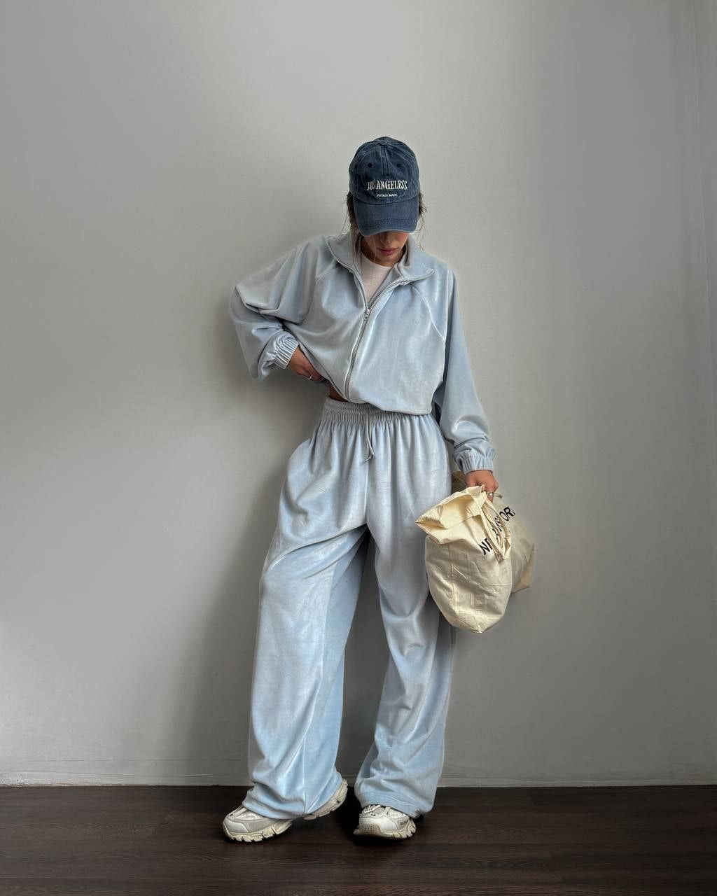 Light blue velour zip jacket and wide-leg pants set with drawstring elastic waist