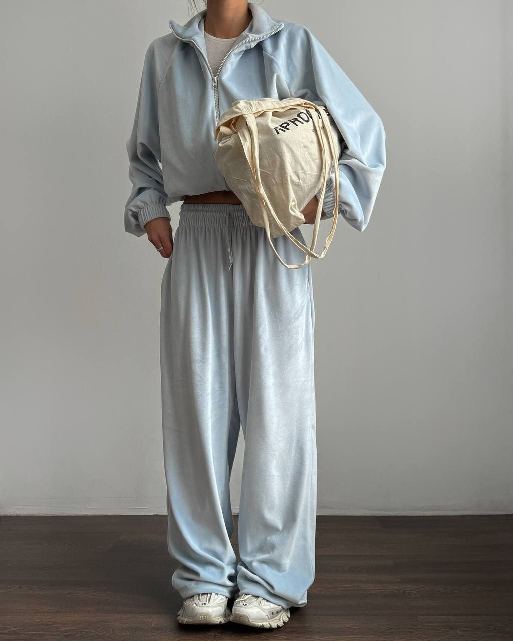 Light blue velour zip jacket and wide-leg pants set with drawstring elastic waist