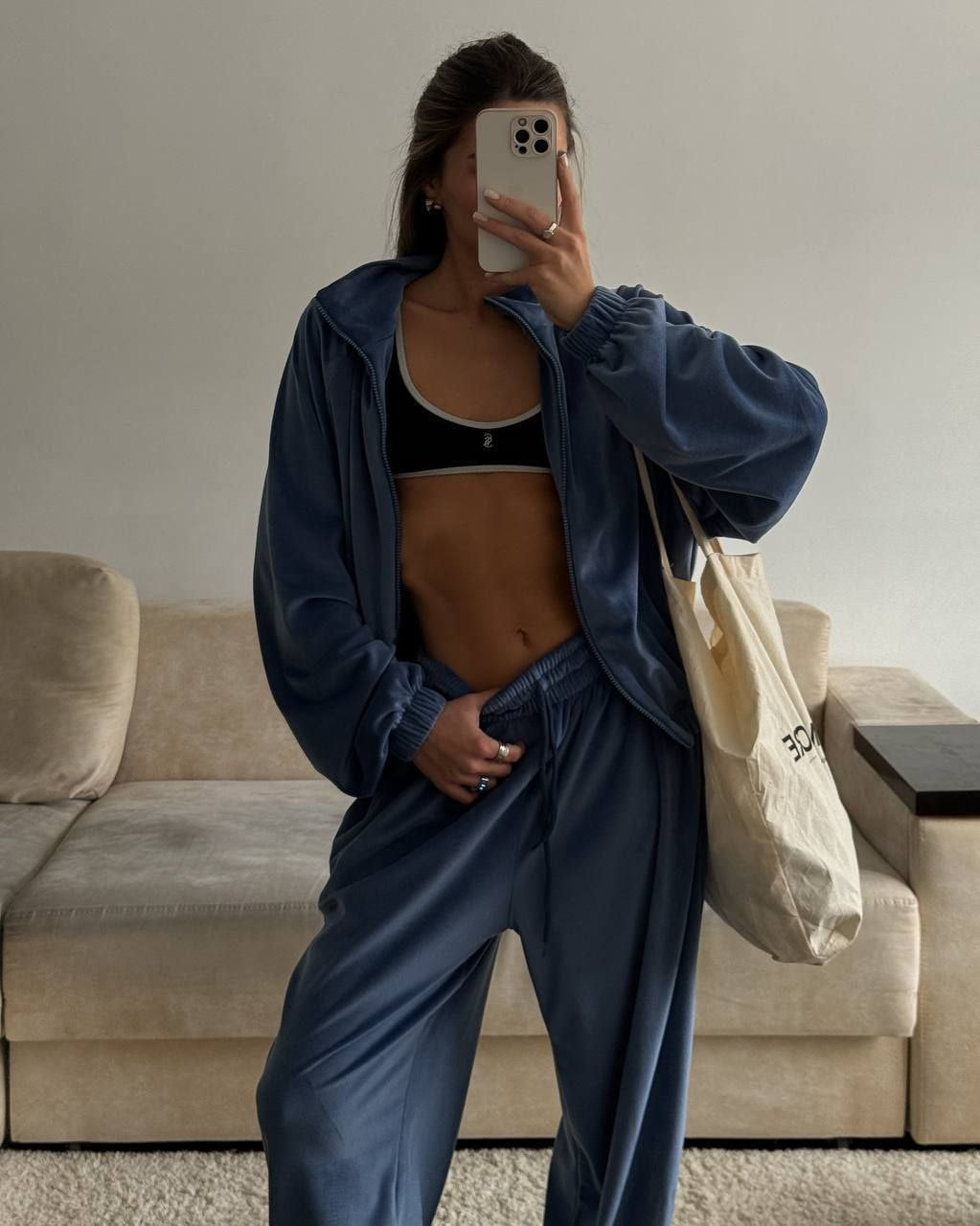 Dark blue velour zip jacket and wide-leg pants set with drawstring elastic waist