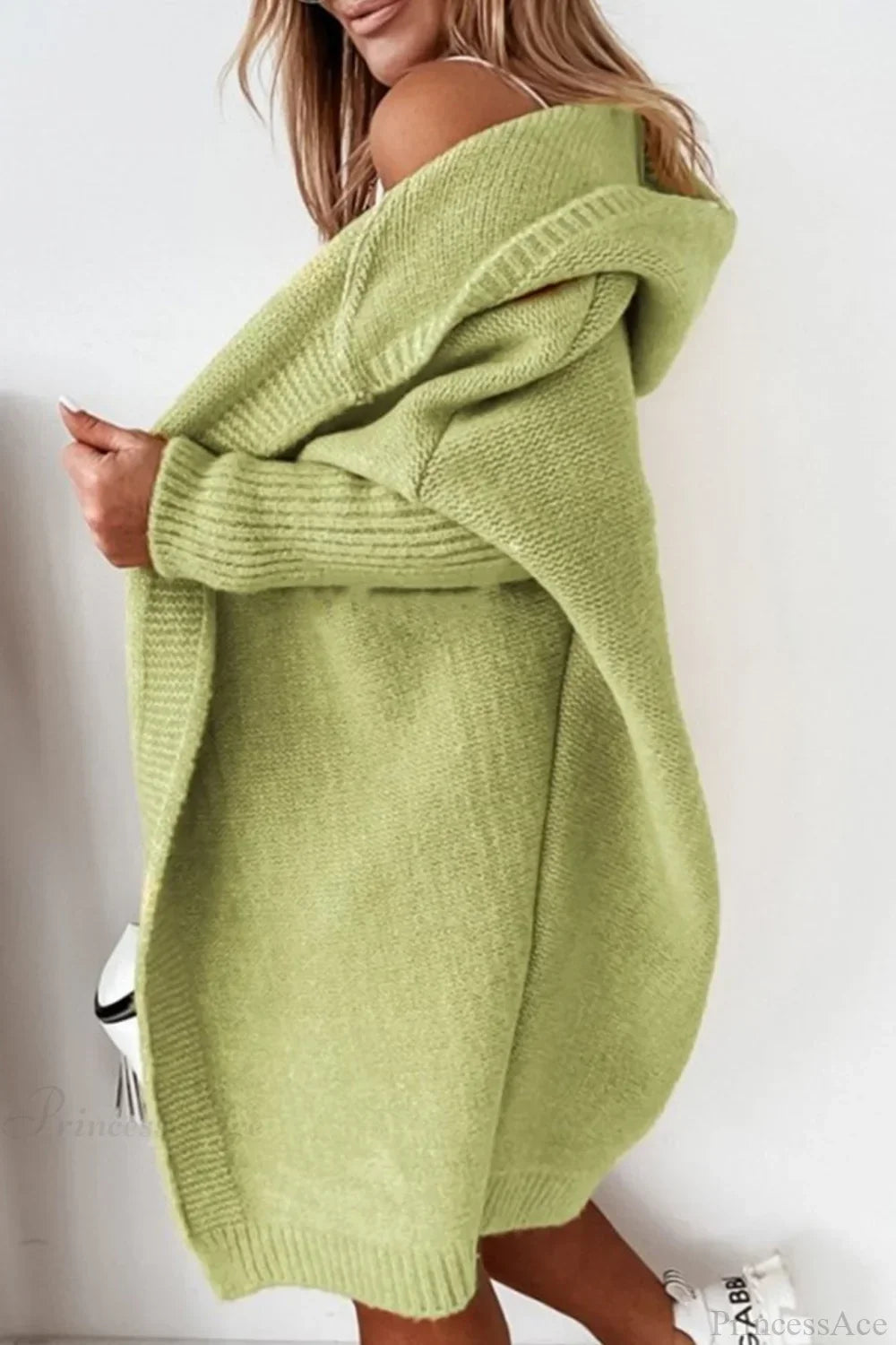 Women’s hooded open-front long knit cardigan in light green, oversized drape sleeves