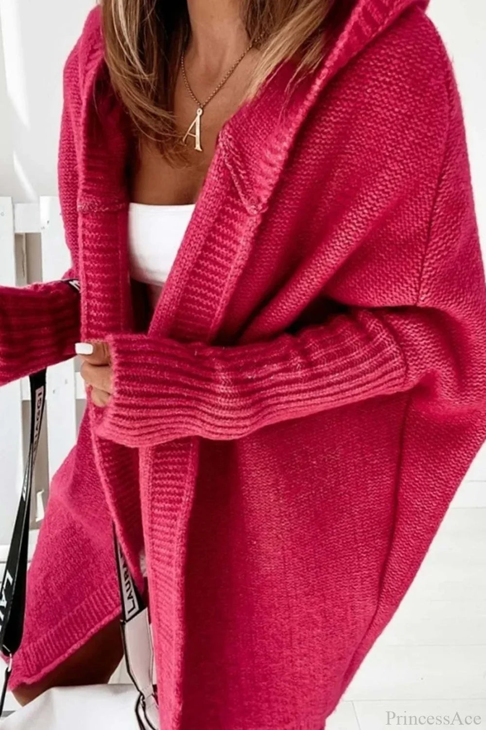 Women’s hooded open-front long knit cardigan in berry red, relaxed fit with long sleeves