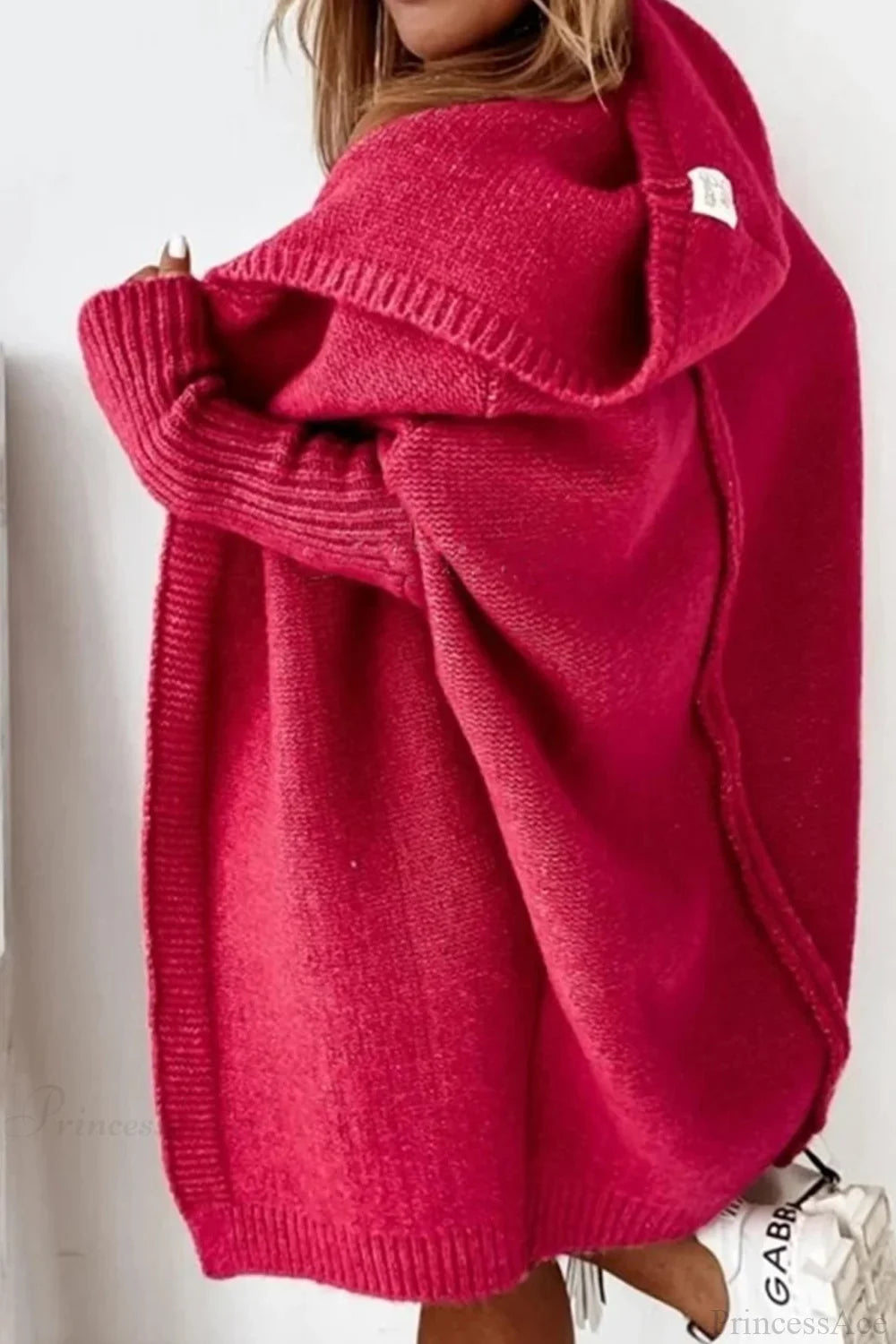 Women’s hooded open-front long knit cardigan in berry red, hood and rolled cuff detail