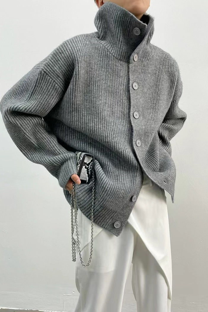 Gray ribbed knit cardigan with high neck, button front, and long sleeves