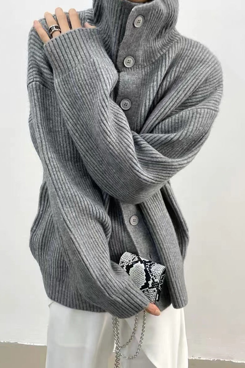 Gray ribbed knit high-neck cardigan with button front and long sleeves