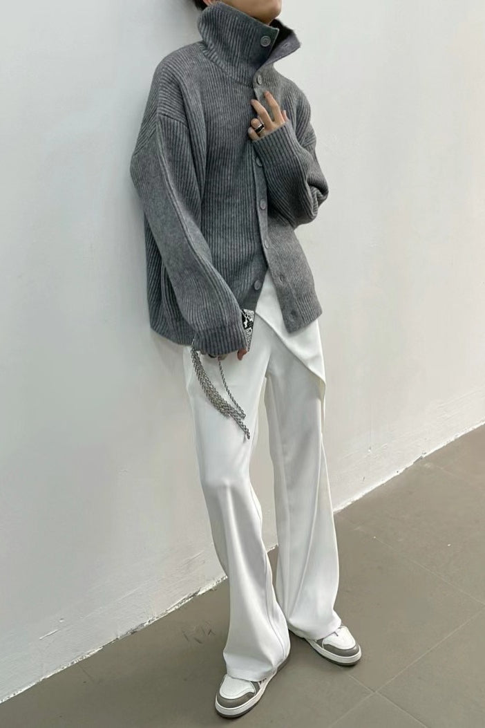 Gray ribbed knit high-neck cardigan with button front and long sleeves