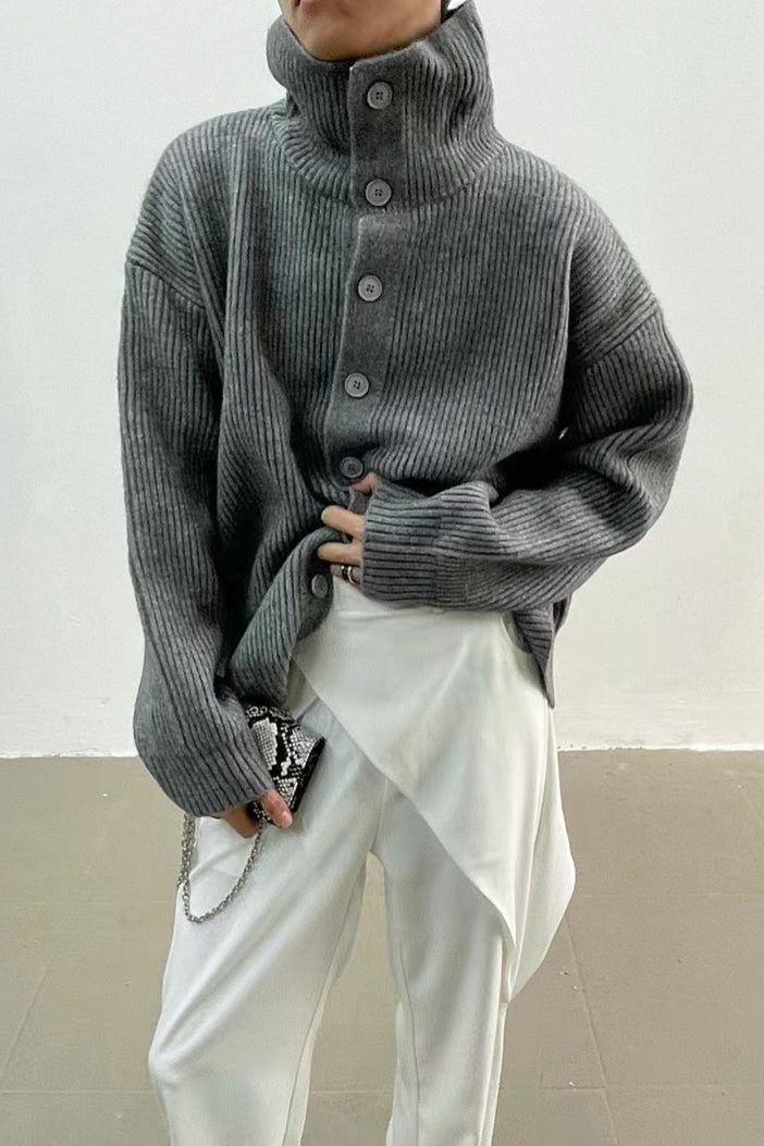 Gray ribbed knit cardigan with high neck and button front, long sleeves