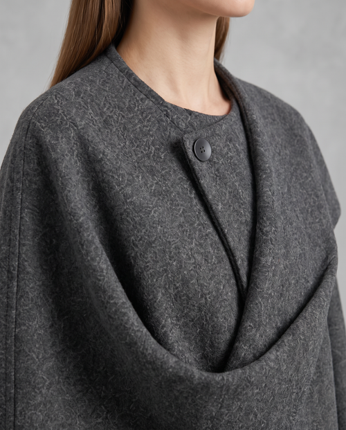 Grey cape coat with built-in scarf drape and round button at the front neckline