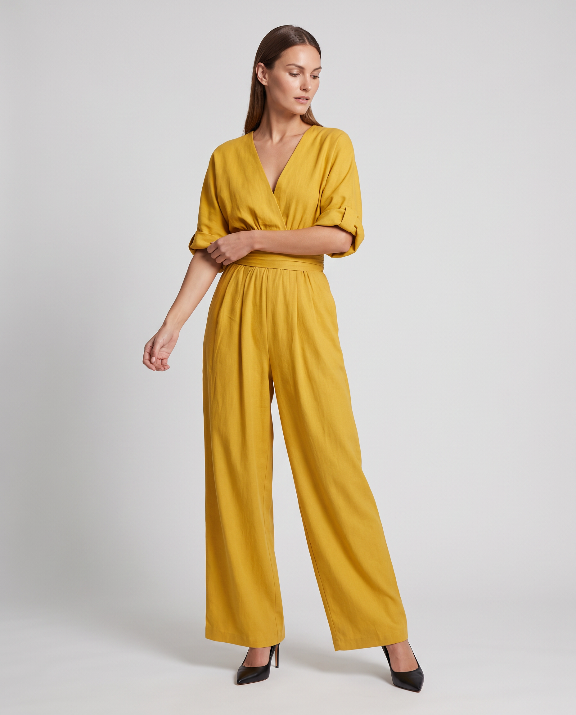 Yellow wrap waist V-neck wide-leg jumpsuit with gathered waist and elbow-length sleeves