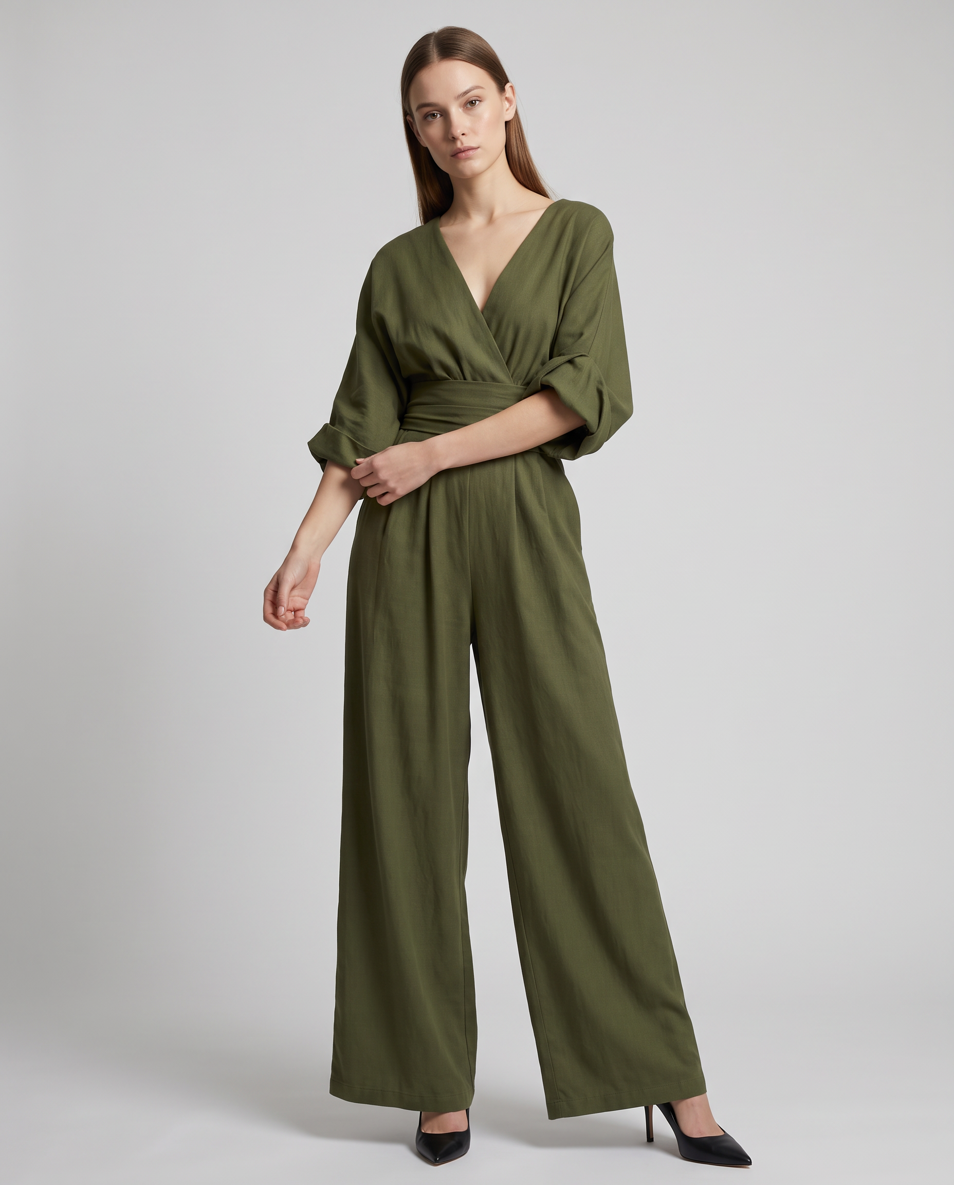 Olive green wrap waist V-neck wide-leg jumpsuit with gathered waist and elbow-length sleeves