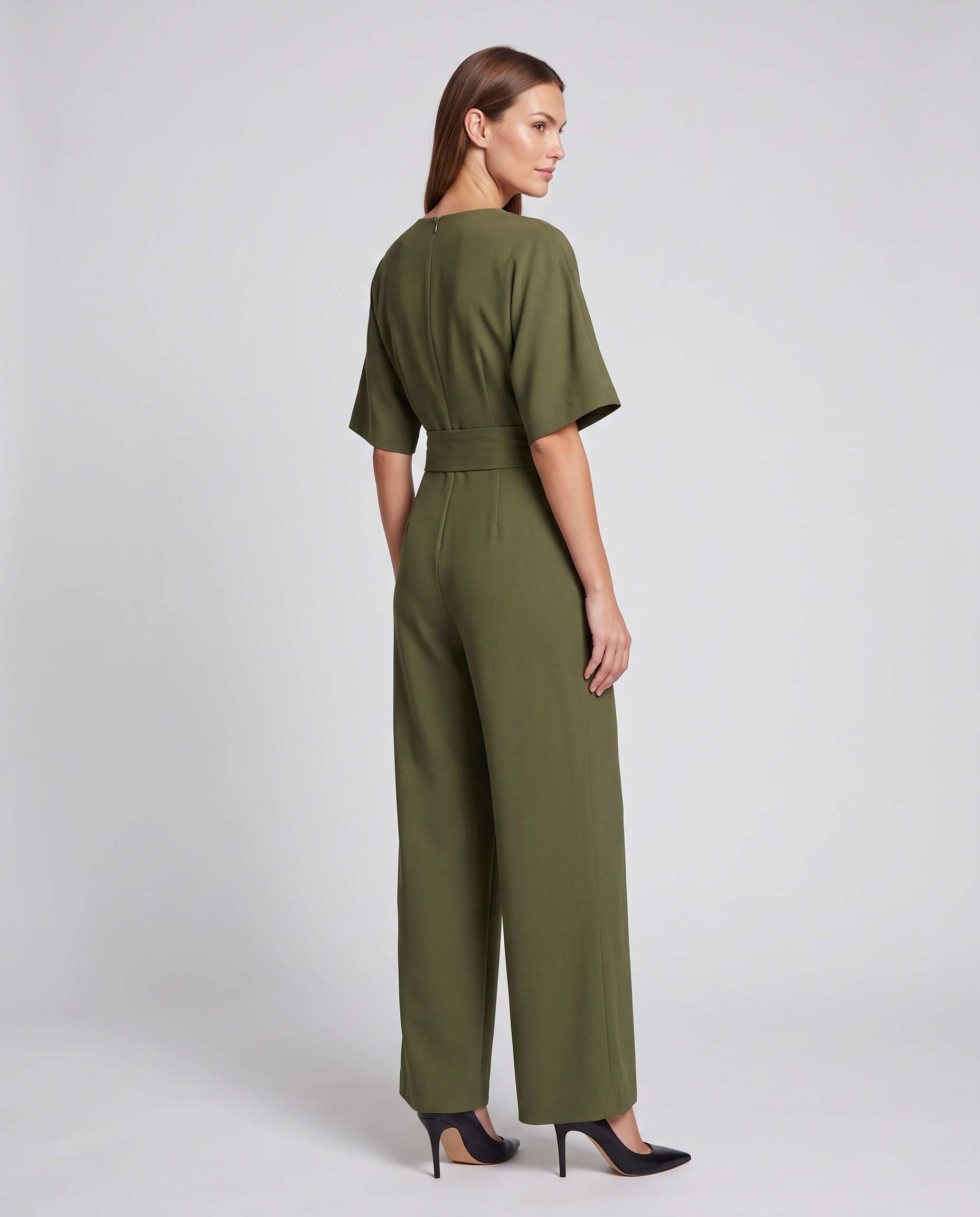 Olive green wrap waist V-neck wide-leg jumpsuit, back view with tie at waist