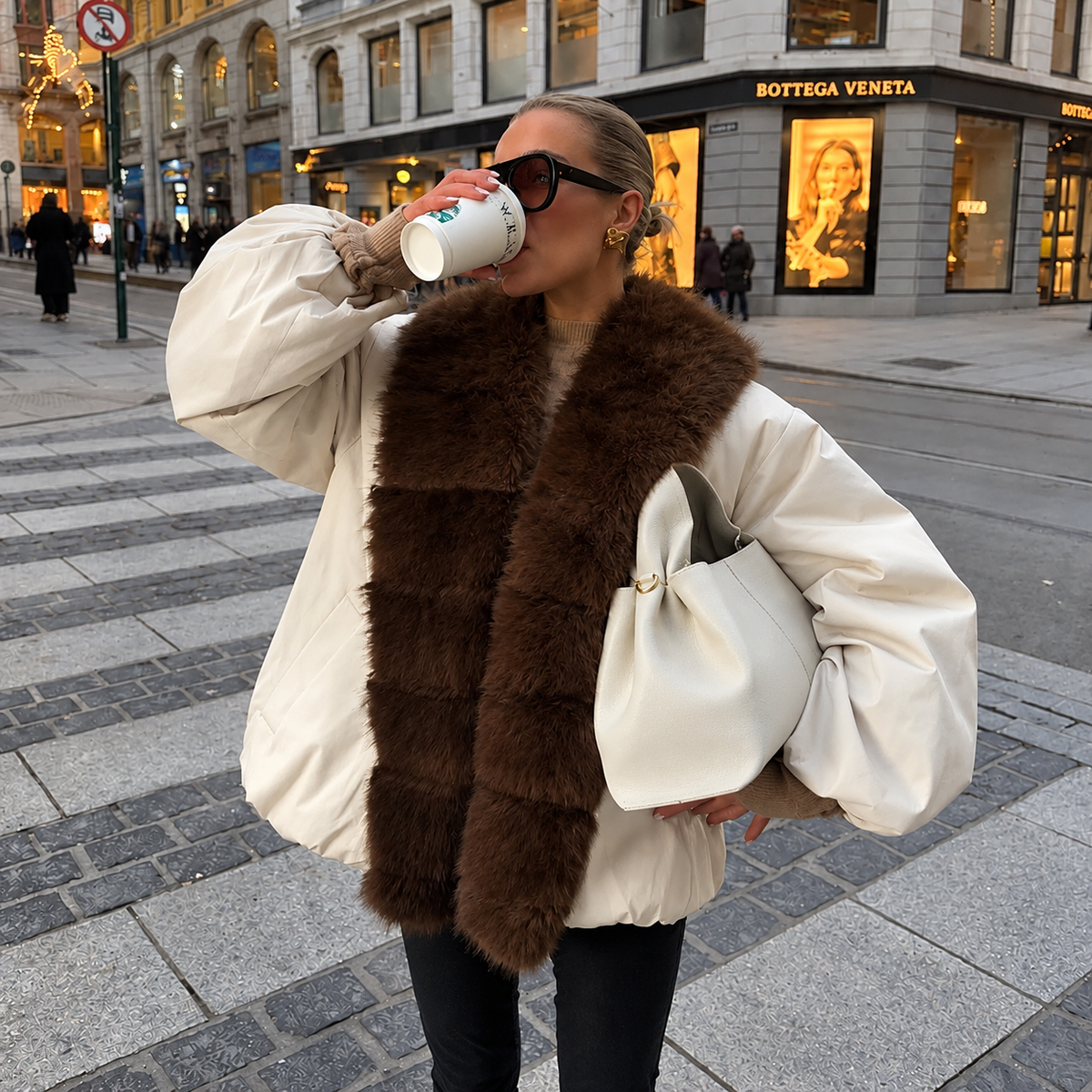 White quilted puffer bomber with oversized brown fur collar and belted waist