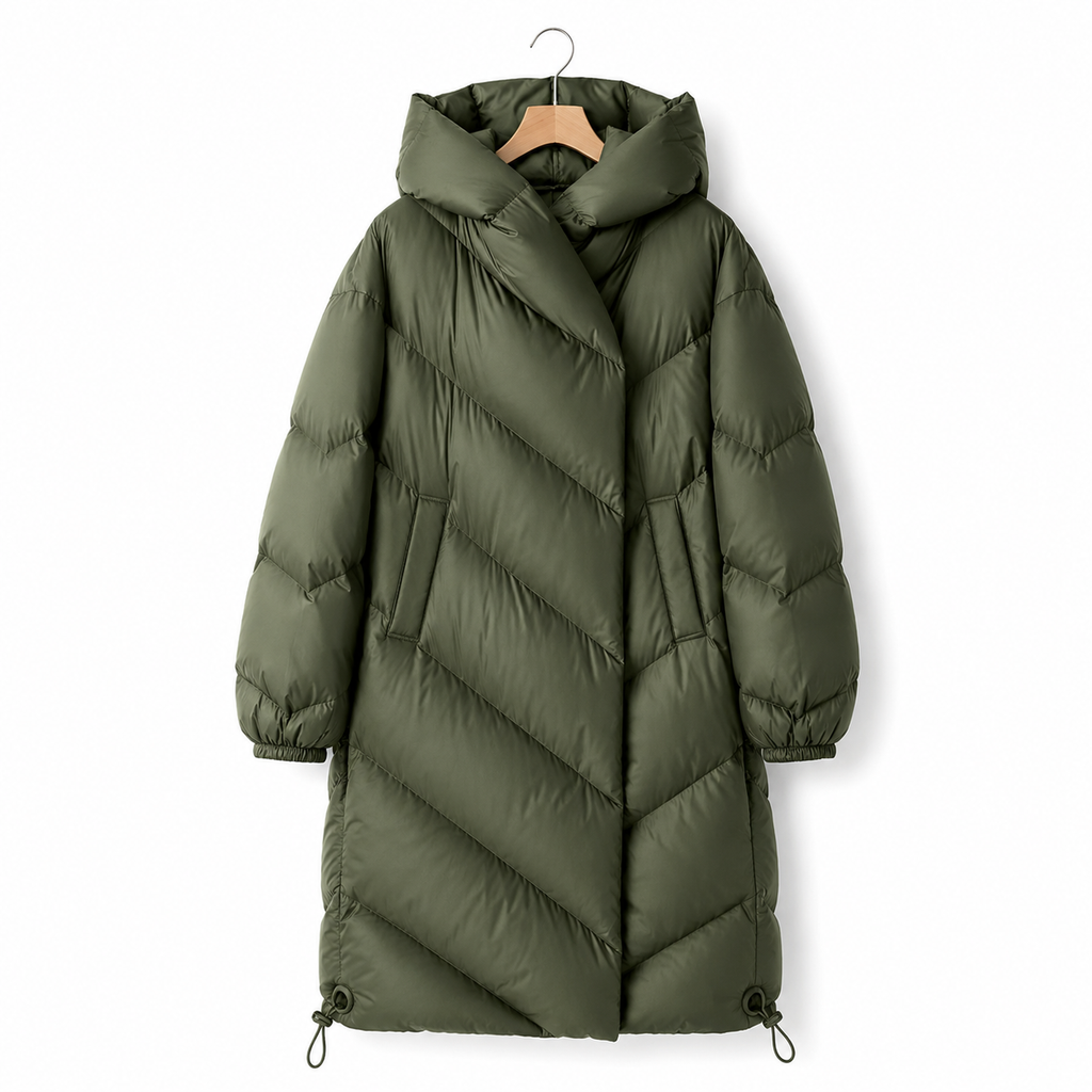 Women’s long green down puffer coat with hood, chevron quilting, and drawcord hem