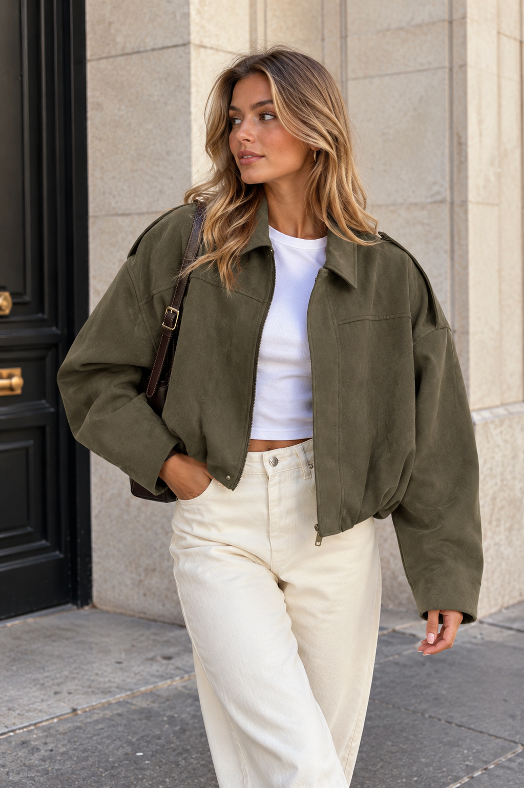 Green suede bomber jacket with oversized collar, zip front and front pockets.