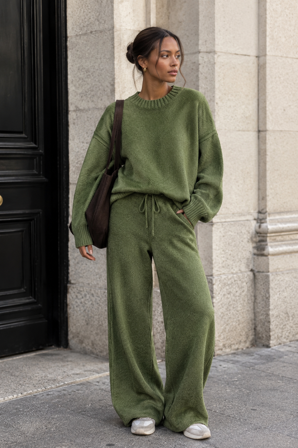 Green knitted round-neck jumper with matching drawstring wide-leg trousers