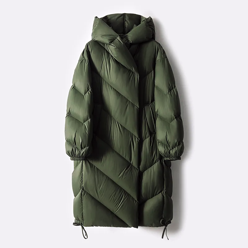 Women’s long green down puffer coat with hood and chevron quilting, front view