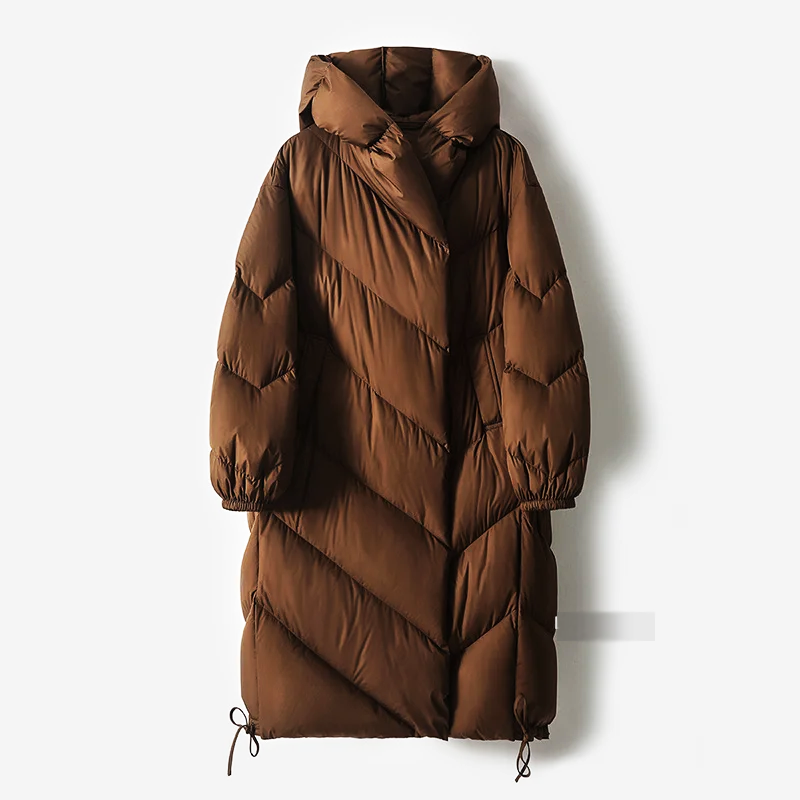 Women’s long brown down puffer coat with hood and chevron quilting, front view
