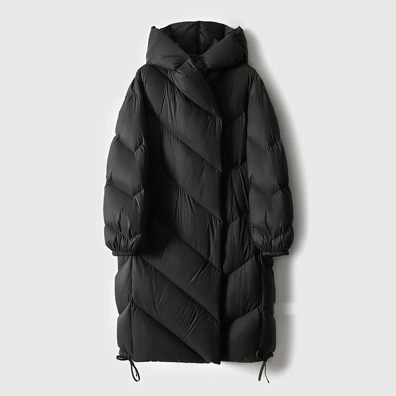 Women’s long black down puffer coat with hood and chevron quilting, front view