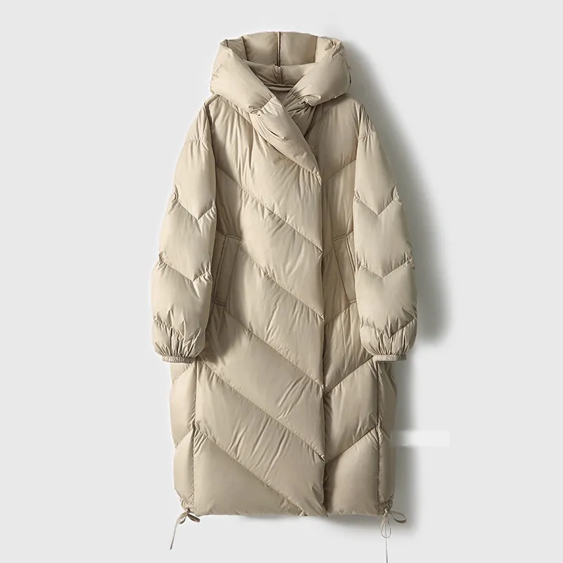 Women’s long beige down puffer coat with hood and chevron quilting, front view