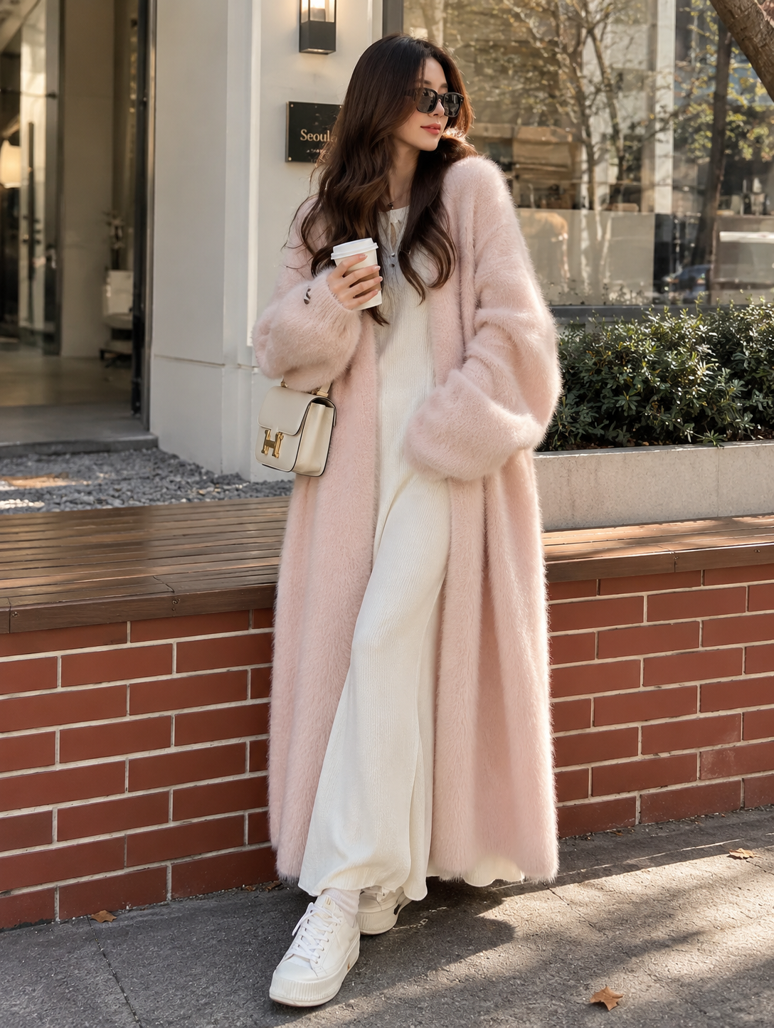 Blush pink open-knit coatigan, long open-front cardigan with soft fuzzy texture