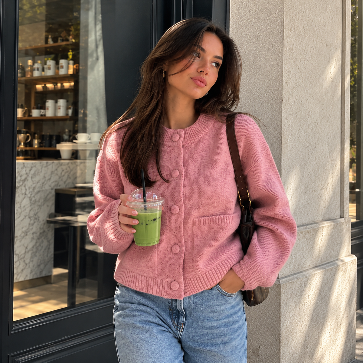 Women’s chunky knit cardigan in pink with button-front, round buttons, and ribbed hem