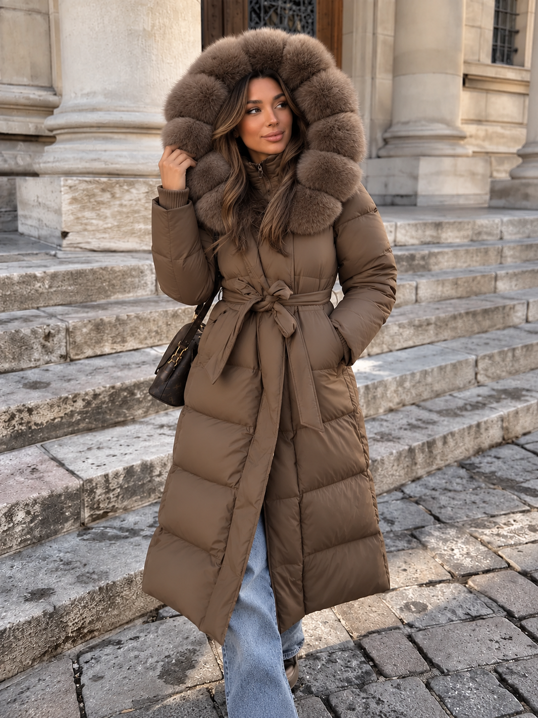 Brown long puffer coat with oversized fur-trimmed hood, belted waist, and front pockets