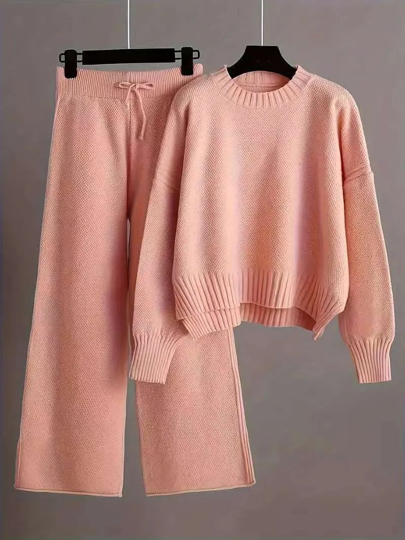 Pink knitted round-neck jumper and wide-leg trouser set with drawstring waist