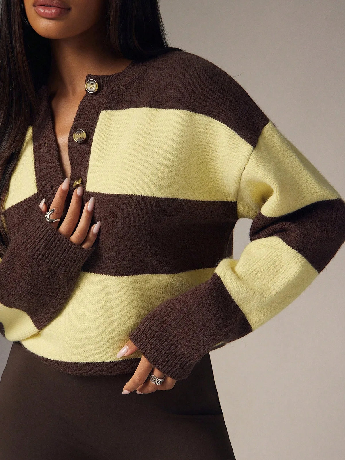 Striped henley knit sweater, brown and pale yellow color blocks, long cuffed sleeves
