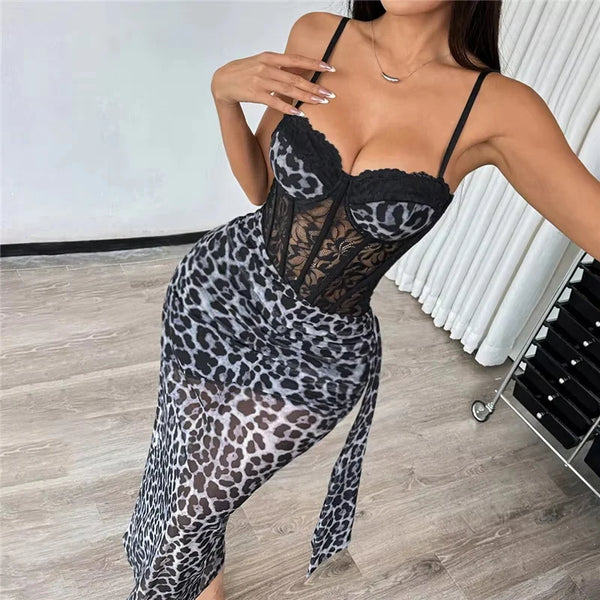 Leonie Leopard-Print Sheer Chest-Wrap Pencil Dress