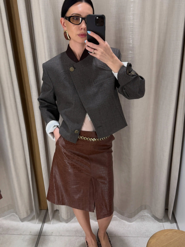 Serena Croc-Embossed Faux Leather Pencil Midi Skirt