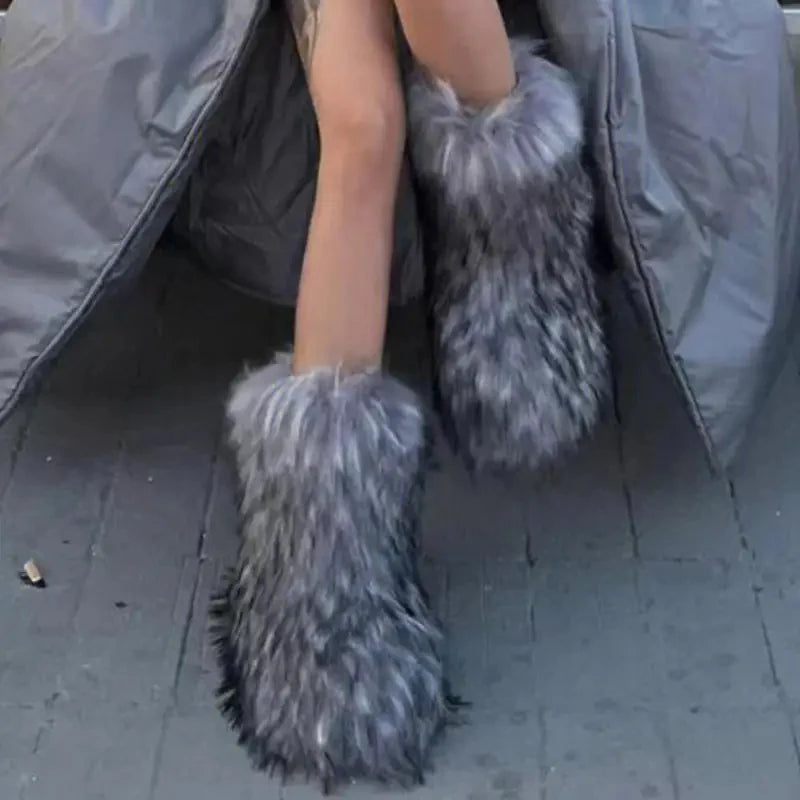 Fluffy faux fur snow boots in dark gray, ankle-high with plush texture