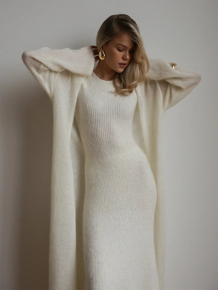 Ivory knit maxi dress and long open cardigan, soft ribbed knit look