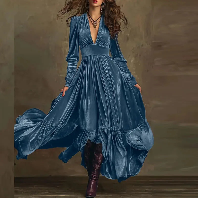 Dark blue velvet maxi dress with deep V neck, long sleeves, high waist pleated swing skirt