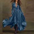 Dark blue velvet maxi dress with deep V neck, long sleeves, high waist pleated swing skirt