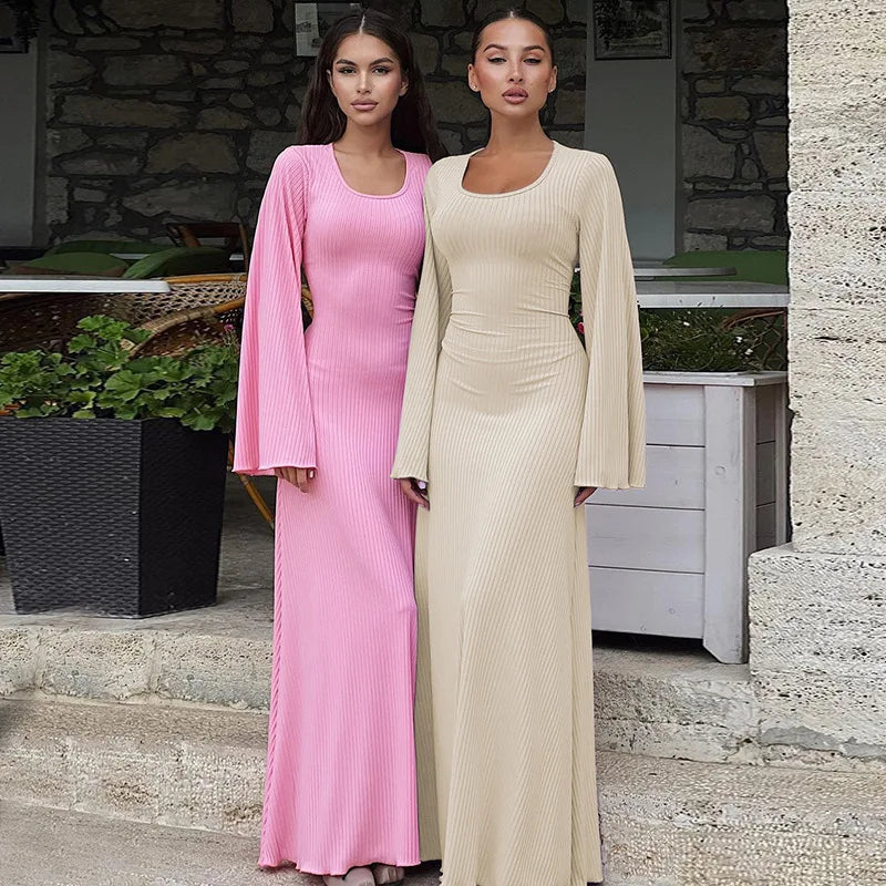 Pink and beige ribbed maxi dresses with flared sleeves and scoop necks