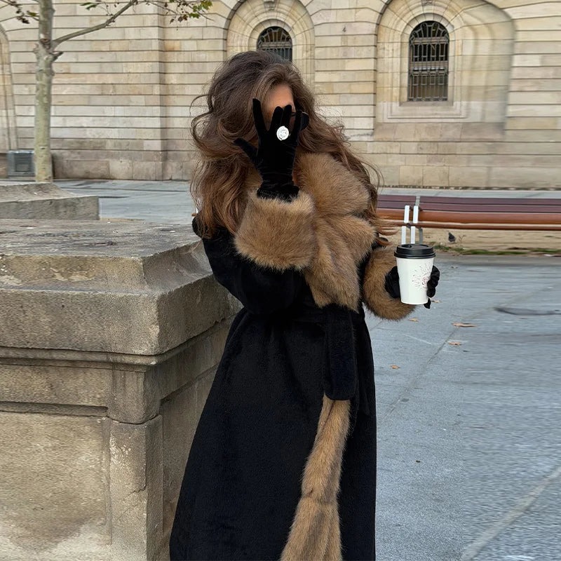 Black V-neck faux fur lace-up overcoat with tan fur trim and cuffs