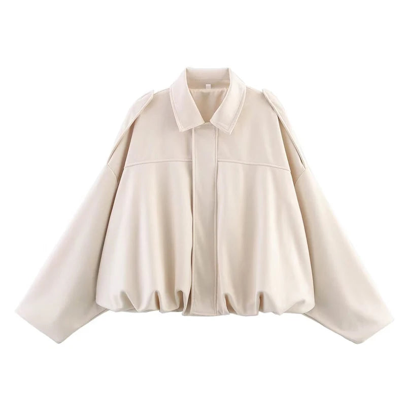 Cream oversized suede bomber jacket with wide collar and front zipper