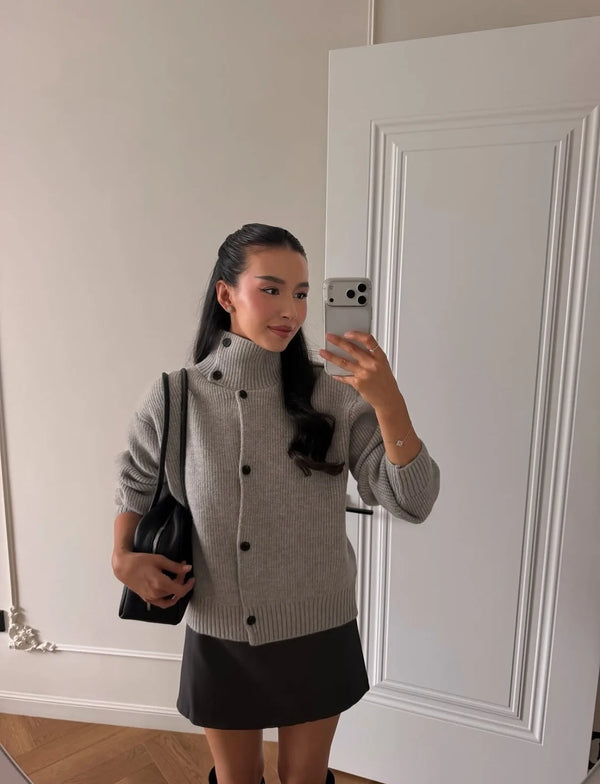 Sasha Loose Button-Down Turtleneck Knit Cardigan