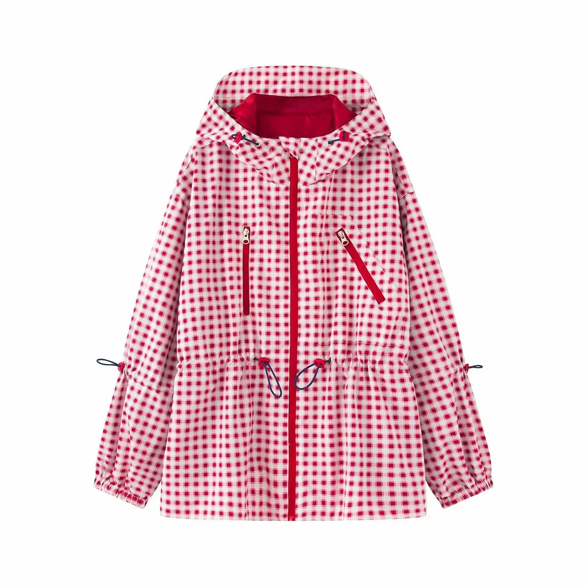 Celine Plaid Hooded Drawstring Cinched Waist Jacket