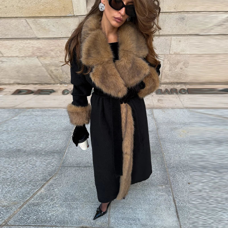 Black faux fur V-neck lace-up overcoat with tan fur collar and cuffs