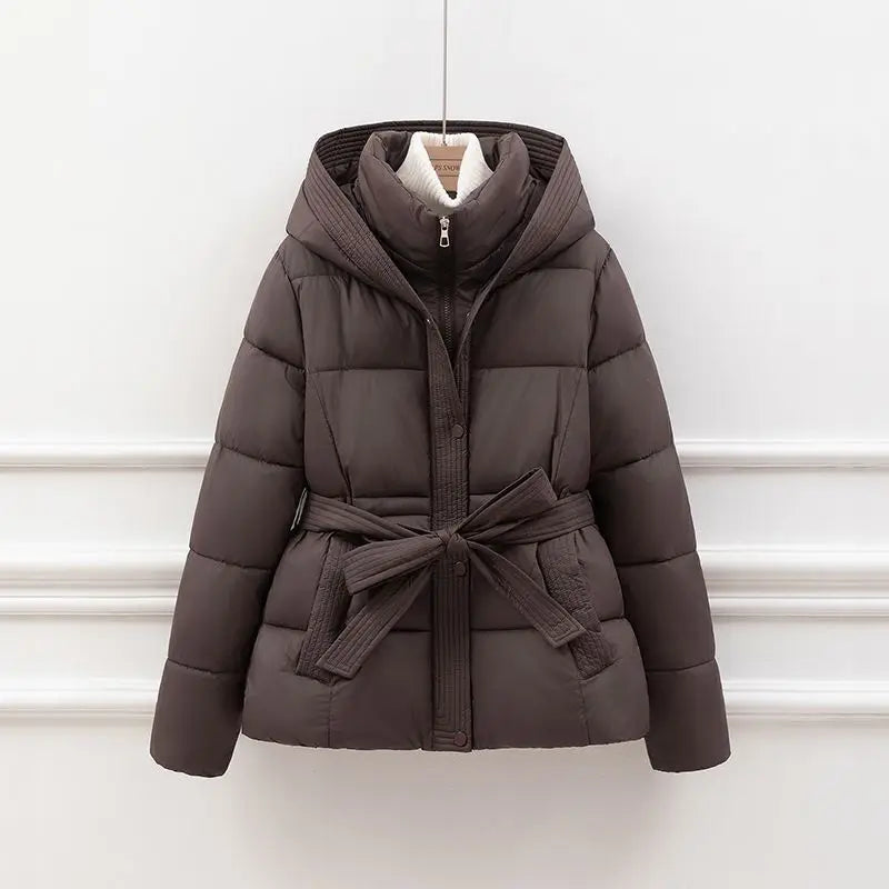 Dark brown belted hooded cotton-padded parka with front zipper and tie waist